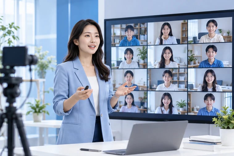 大型公开课中老师授课,学生通过视频课堂参与学习