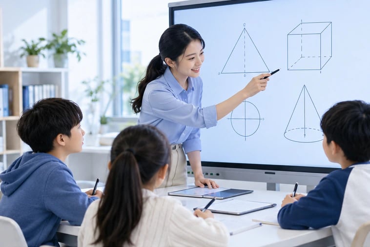 小班课堂中老师指导学生使用互动白板和共享课件